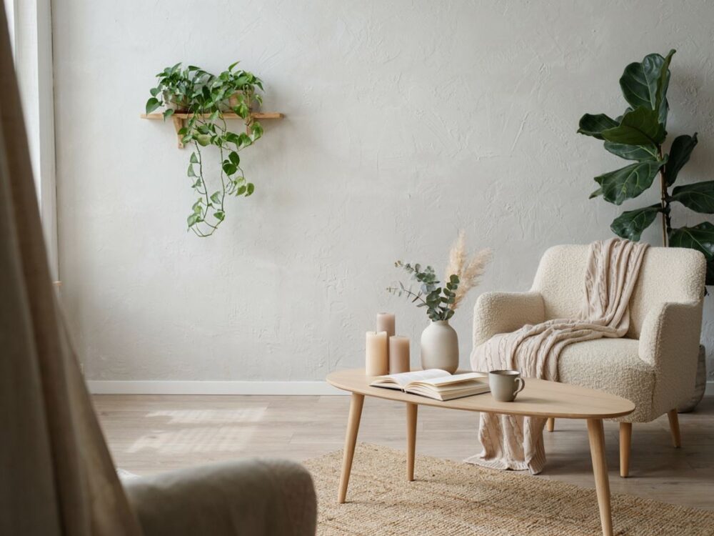 skandynawski salon z minimalistycznymi dodatkami
